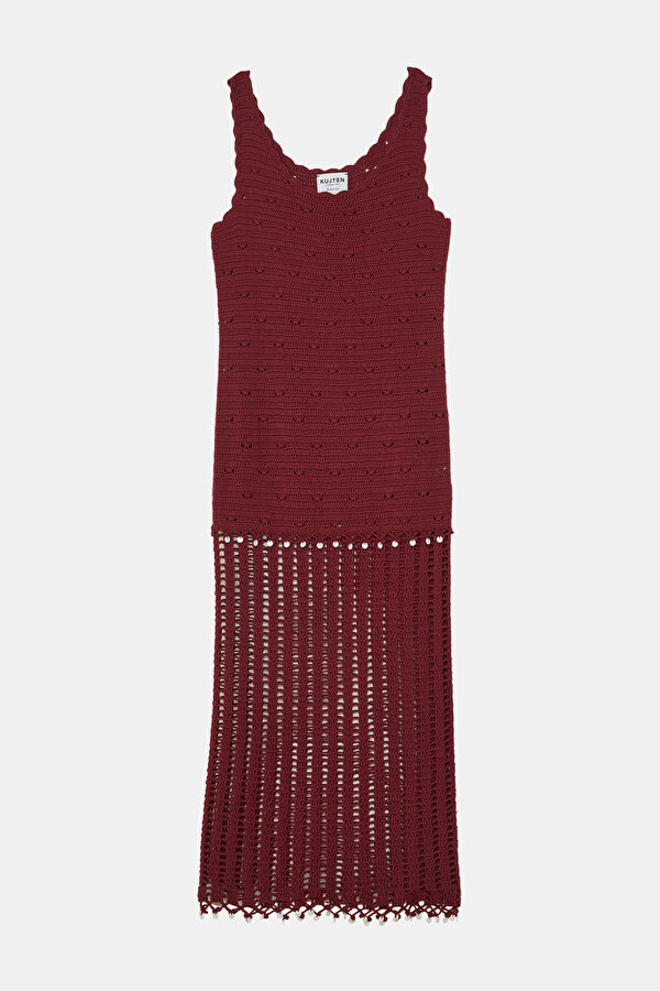 BORDO DESENLİ MİDİ ELBİSE