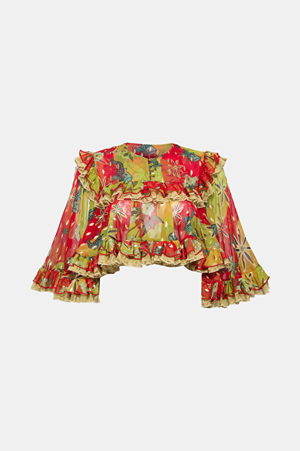 MULTICOLOR FLORAL PATTERN SHORT SLEEVE BLOUSE